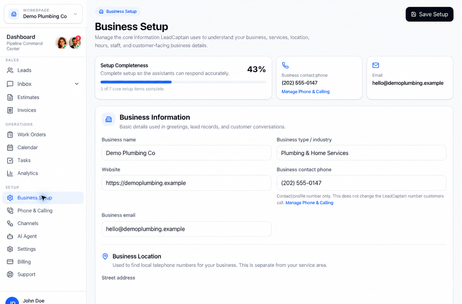 LeadCaptain Business Setup interface